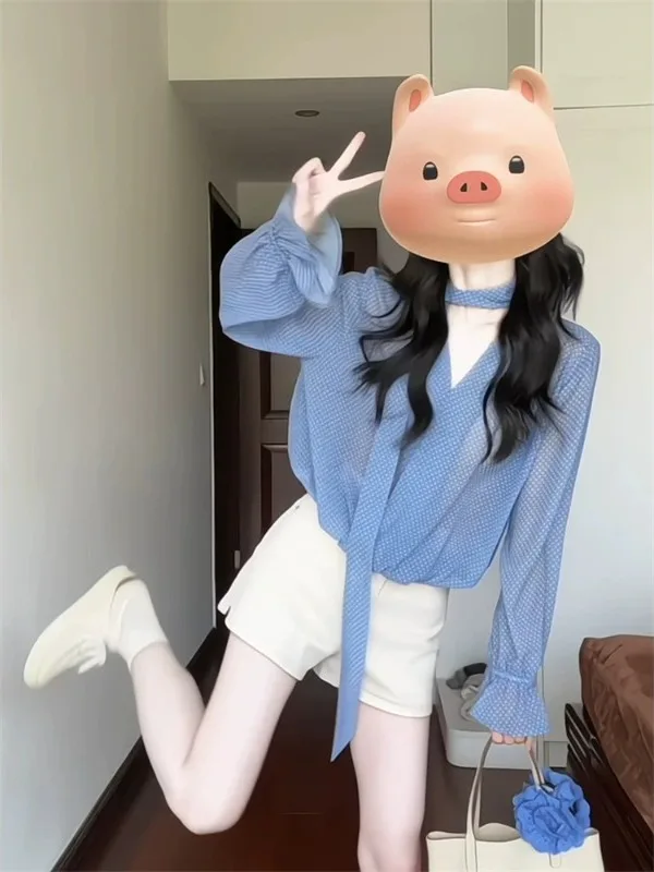 

Blue Polka Dot Shirt Women's Summer New Style High Sensation Belt Loose Unique Beautiful Long Sleeve Top Korean Style Commute