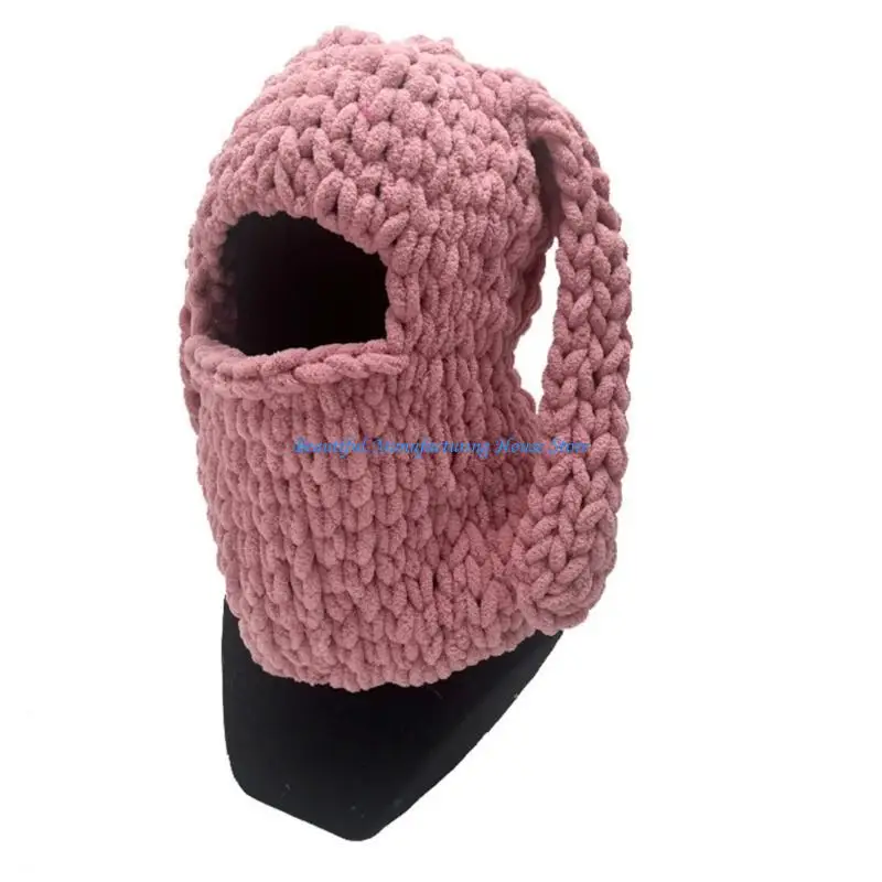 E56A Cartoon Bunny Ear Knitted Hat Neck Guard Winter Eye Exposed Cycling Hat for Girl