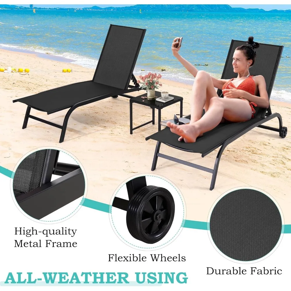 Набор из 2 больших уличных кресел для бассейна с регулируемой спинкой, столом и колесами для комфортной релаксации