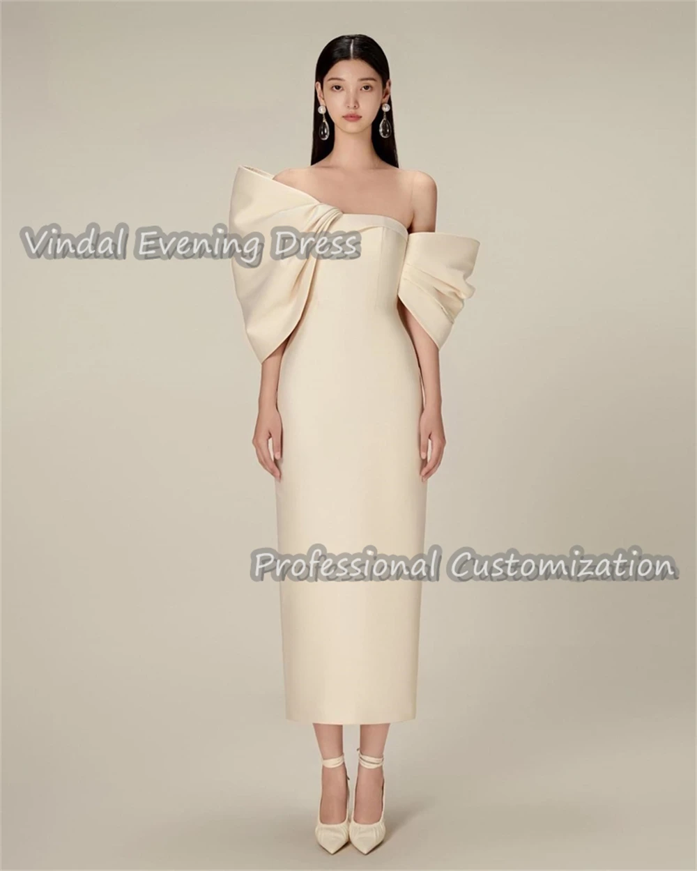 Vindal Evening Dress Off-the-shoulder Tea Length Straight Ruffle Crepe Built-in Bra Elegant Short Sleeves Saudi For Woman 2024