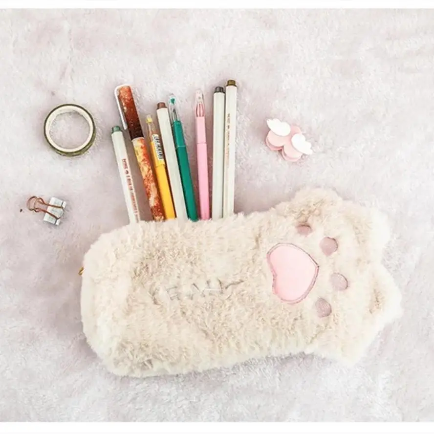 Japanese Style Plush Cat Claw Pencil Case Large Capacity Student Stationery Bag Multi-purpose Coin Wallet Study Supplies
