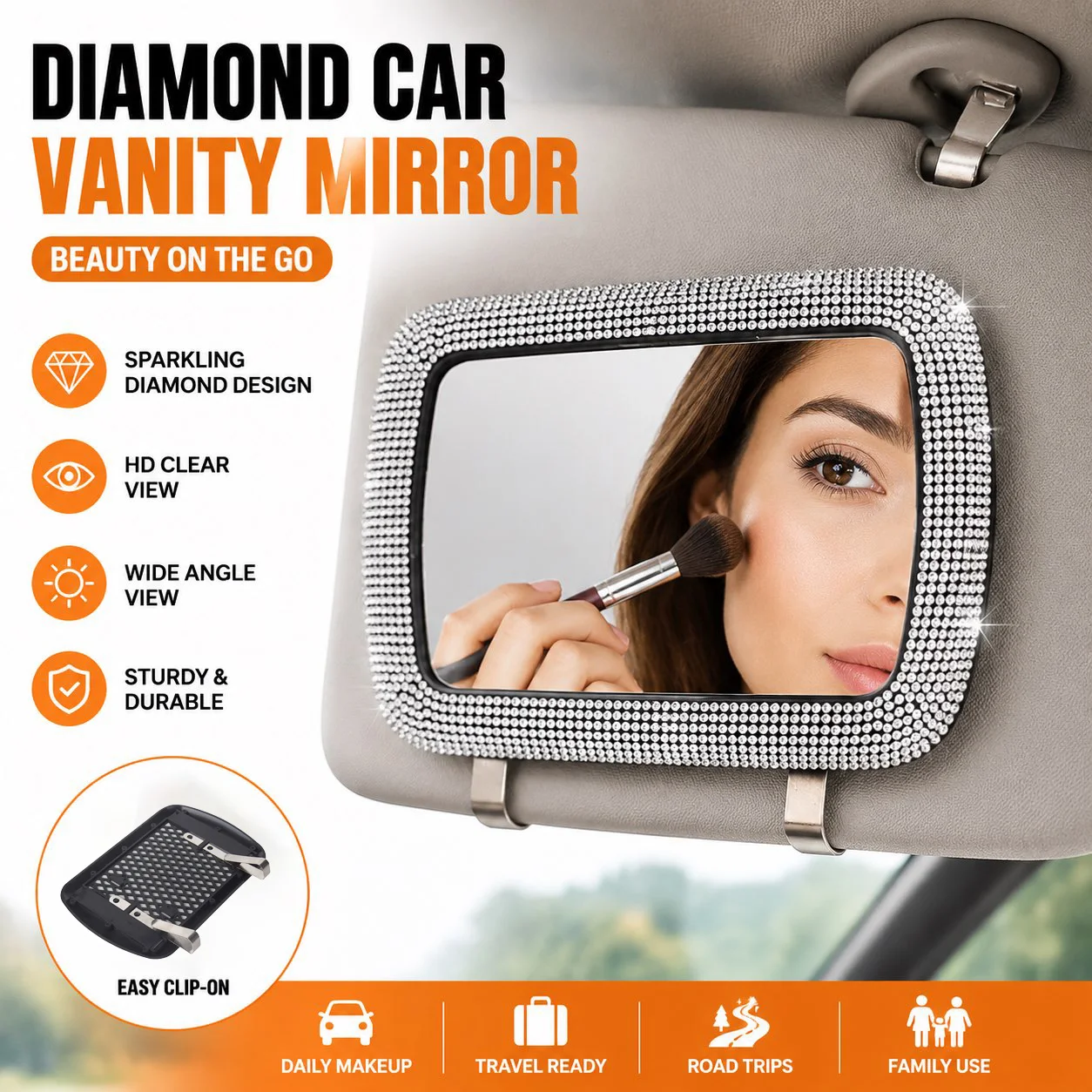 New Diamond Crystal Car Visor Decoration Mirror Car Women Makeup Mirror Sunshade Rear View Cosmetic Mirror Bling Car Accessories