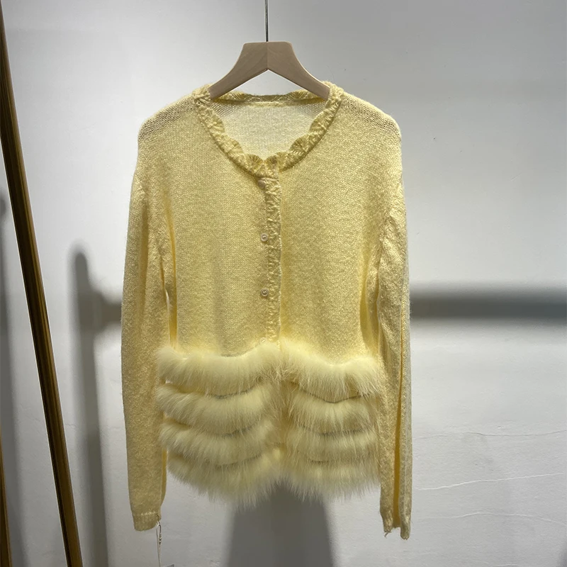 2025 ผู้หญิงขนสุนัขจิ้งจอกจริงตกแต่งภายนอกLadyแฟชั่นฤดูใบไม้ร่วงบางเสื้อกันหนาวถักเดี่ยวBreasted Coat