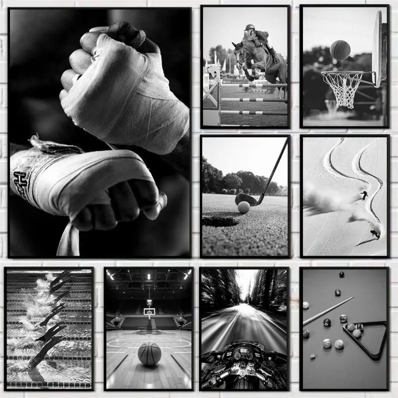 Black and White Sports Fitness Poster Playing Basketball Boxing Golf BMX Billiard Canvas Painting Wall Art Gym Room Home Decor