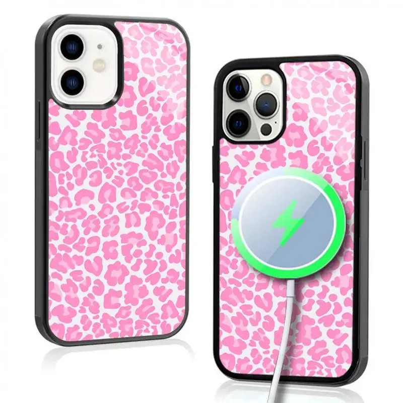 Pink Cheetah Print Phone Case For IPhone 11 12 13 14 15 Plus Pro Max Mirror Acrylic Cover For Magsafe Wireless Charging