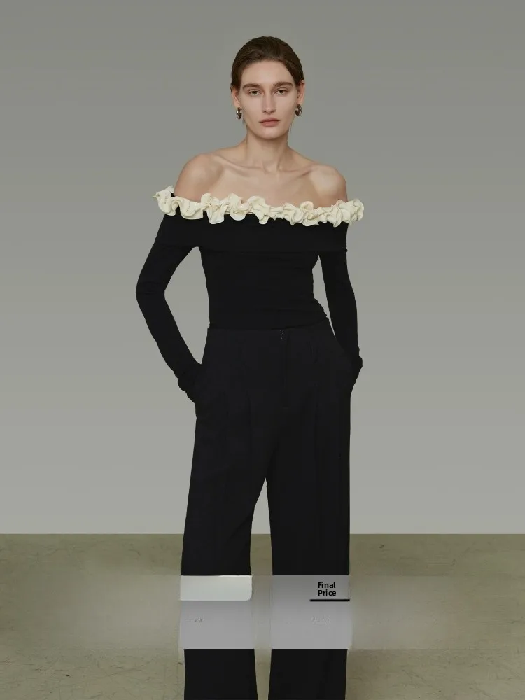 

Color Block Knitted Sweater with Wood Grain One Shoulder Long Sleeve Slim Fit Women's New 2026 Fashion Casual Wear