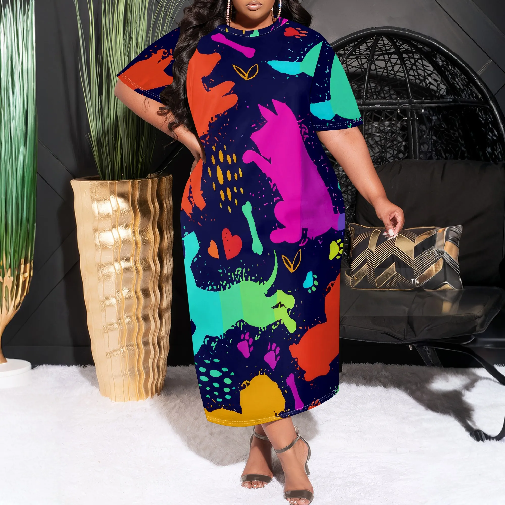 

Женское летнее модное платье больших размеров с принтом, свободное повседневное платье с карманами