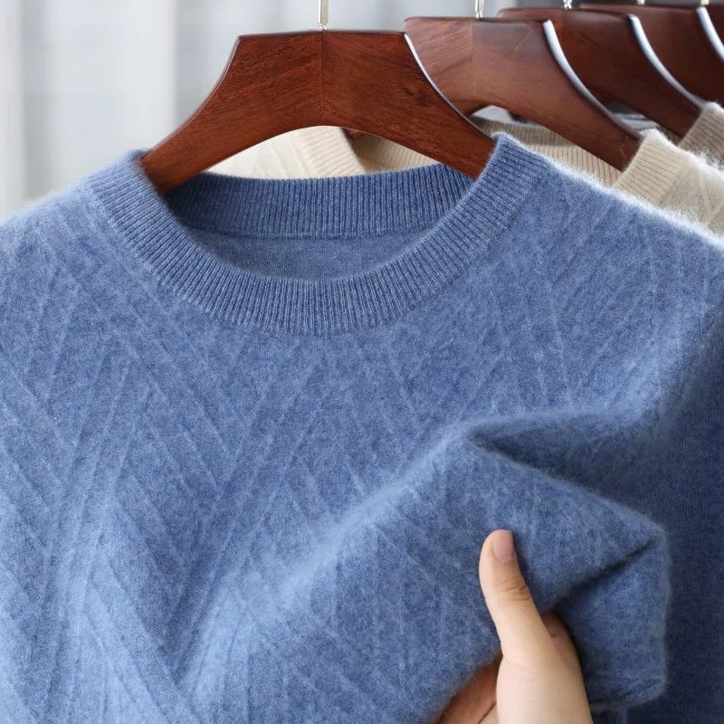 Men's 100% Pure Cashmere Sweater Solid Color Thick Pullover Loose round Neck Warm Base Jumper Casual Autumn/Winter Top