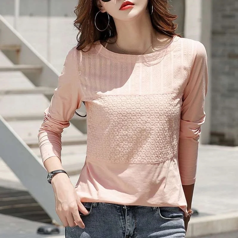 

Pink Pure Cotton Long Sve T-irt Women's Spring Summer Casual Sle round Ne Print Pattern Comfortable Breathable Top