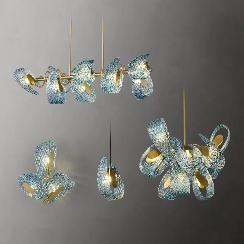 

All copper led light luxury peacock blue glass shade ceiling chandeliers lighting, lustre home decor dining room hanging lights.
