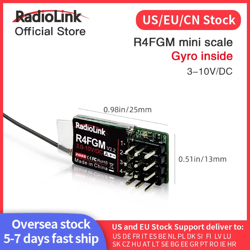 Radiolink R4FGM 4CH Mini Gyro Receiver 400M Range 3.0-10V FHSS Receiver For RC Mini Car Pistol Transmitter