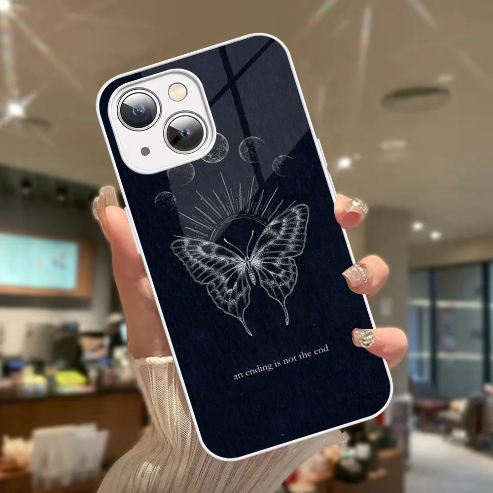 INS Cartoon Butterfly Minimalism Phone Case Tempered Glass For Iphone 14 13 12 11 Pro Mini XS MAX 14Plus X XS XR Fundas