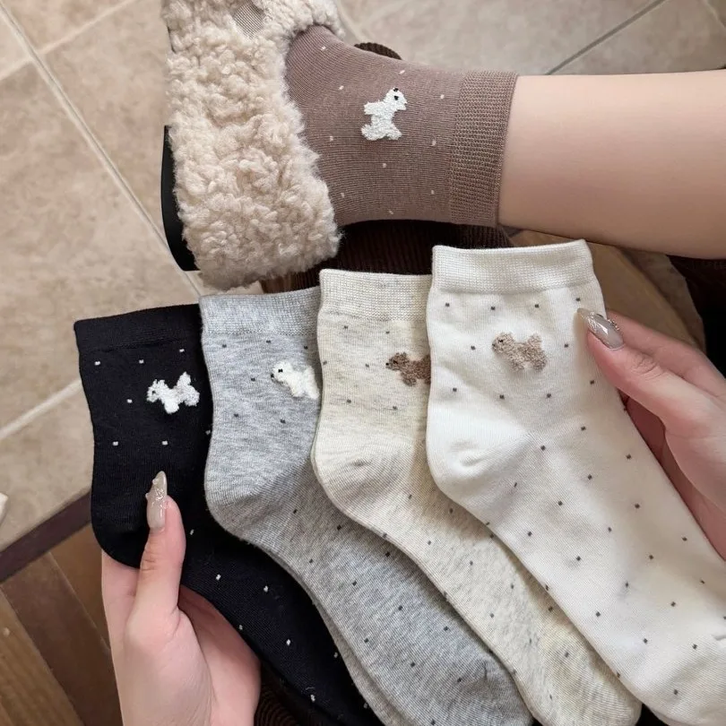 Polka Dot Women's Socks 2026 Autumn and Winter Cartoon Puppy Embroidery Kawaii Medium Tube Socks Korean Casual Cotton Long Socks