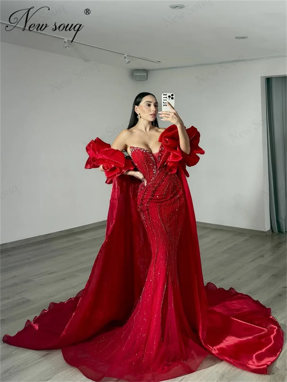 

Haute Coutures Red Mermaid Prom Dresses Cape Long Sleeves Evening Dresses Middle East 2026 Beaded Wedding Party Gowns Customized