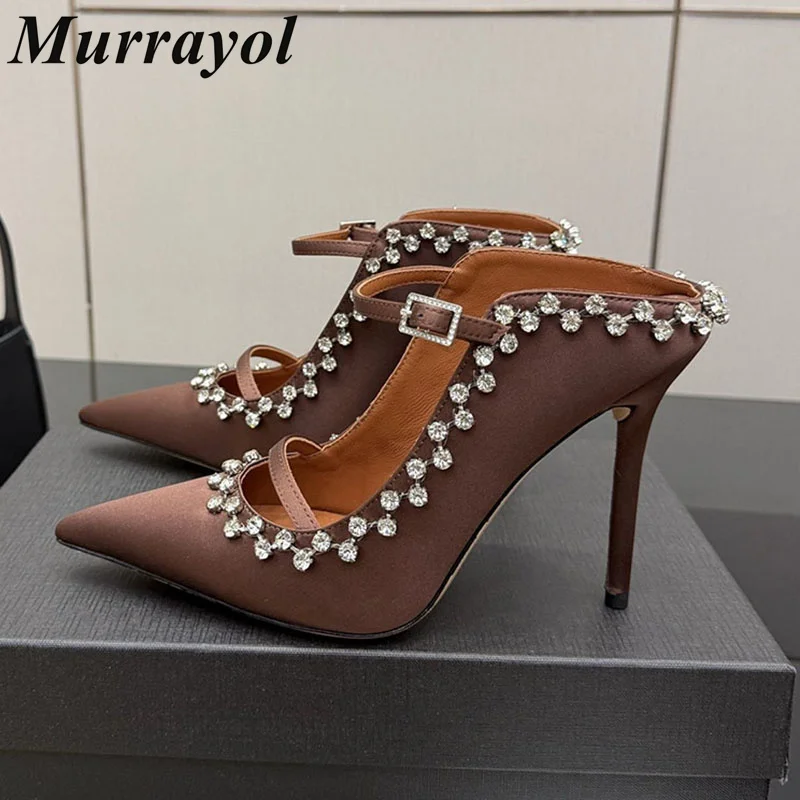 Modern Slippers Women Pointed Toe Slippers Silk Satin Thin High Heels Spring Summer Sandals Party Banquet Shoes Lazy Stiletto