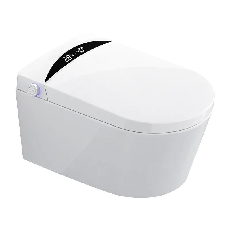 Wall-mounted lightweight smart toilet with concealed water tank, sensor-operated lid, and flush mechanism. Suitable