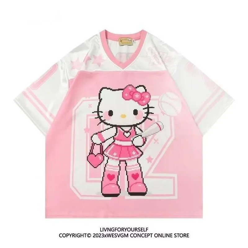 

American Style Hello Kitty Cartoon Print Short Sleeve Sports T-Shirt Unisex Summer New Trendy Loose Casual Baseball Tops Clothes