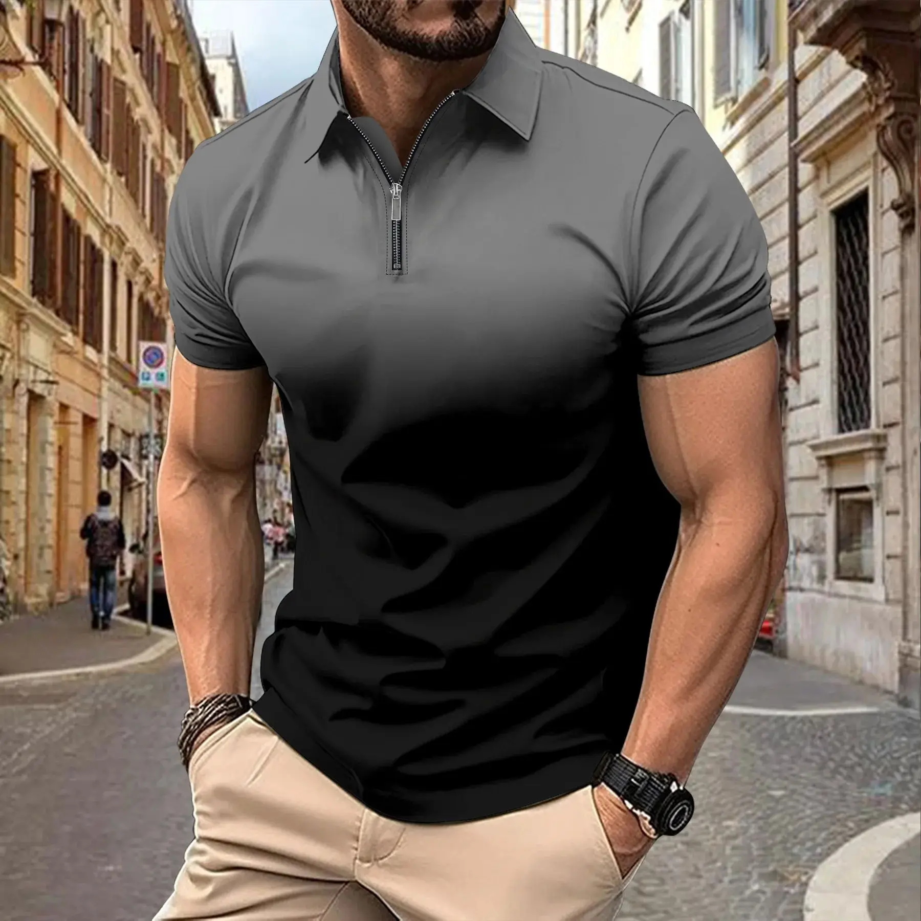 

Faionable Men's Summer Striped T-irt Color Blo 3D Design Slim Fit Nine Sve Length Henry Collar Youth Trend