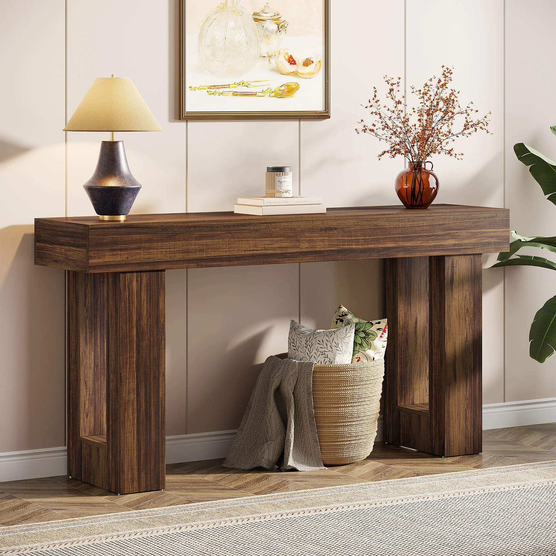 Farmhouse Console Table 63-Inch Long Narrow Sofa Table Behind The Couch Wooden Rectangular Entryway Table