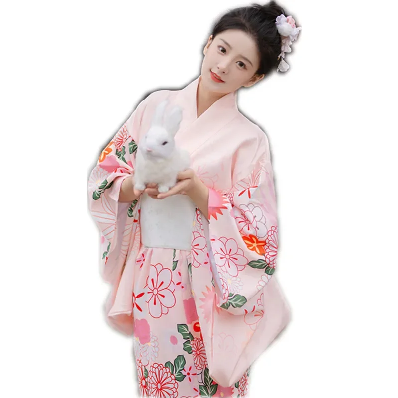 Japanese women traditional dress kawaii pink sakura kimono geisha cosplay costume dance performance photoshooting clothing