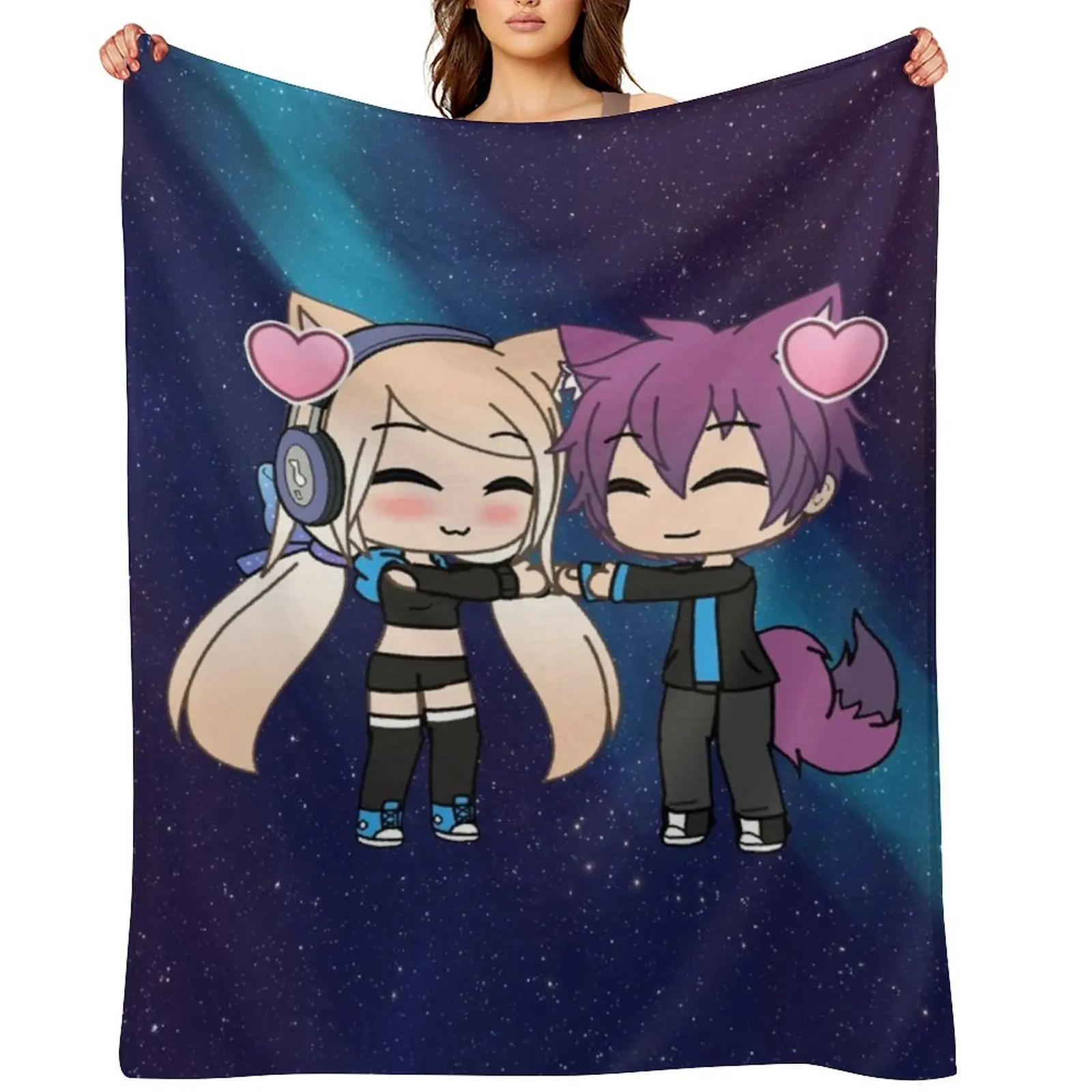 

Cute Gacha Girl and Boy with Fox Tail Throw Blanket funny gift warm for winter Flannels Weighted Blankets