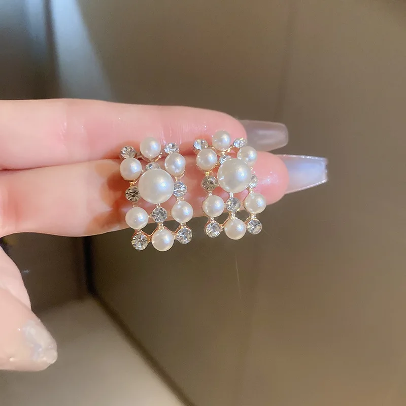 2 Pcs Imitation Pearl Rectangular Rhinestones Necklaces Stud Earrings for Women French Retro Chokers Light Luxury Jewelry Sets K