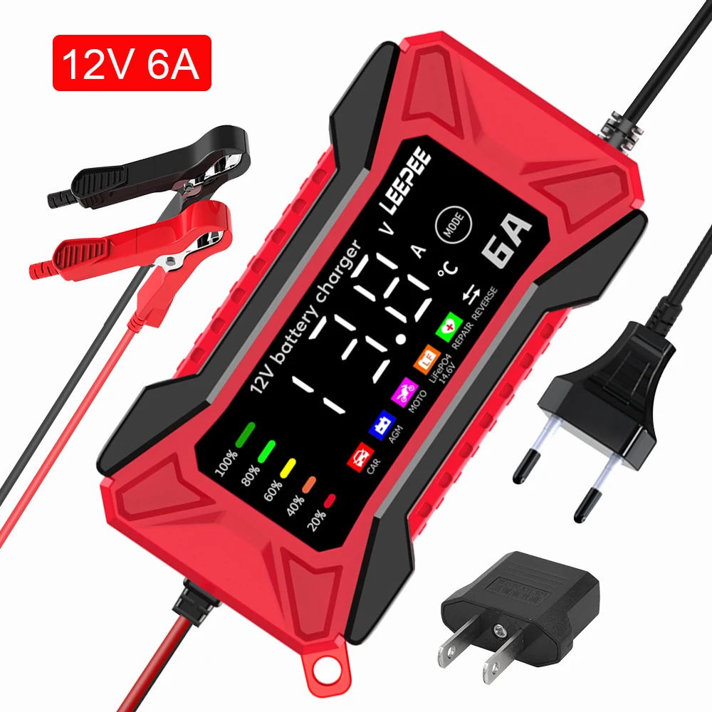 

LEEPEE Brands 6A 12V Motorcycle Battery Chargers Boat Automatic Pulse Repair Storage Cell Car Motorboat Battery Chargers Digital