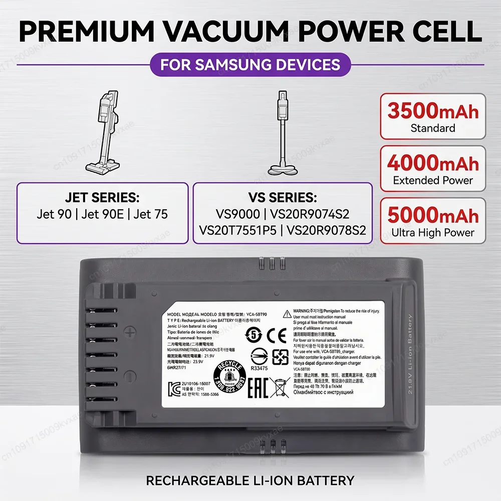 5000mAh 21.9V Lithium Replacement Battery for Samsung Jet 90+ 75 Rocket Lightweight Cordless Vacuum Power Cell Accessories