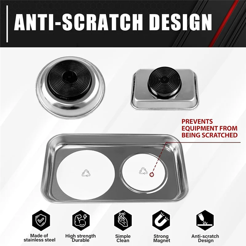 AB41-3-Piece Magnetic Tray Holder, Magnetic Parts Tray Set, Thickened Tray,Stainless Steel, Tool Trays For Screw, Bolts, Nuts