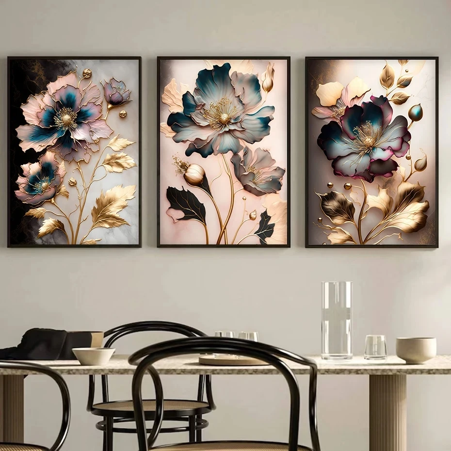 Flowers with Gold Leaves Diamond Painting triptych Full Square Round Diamond Mosaic Modern Living Room Luxurious Home Decoration