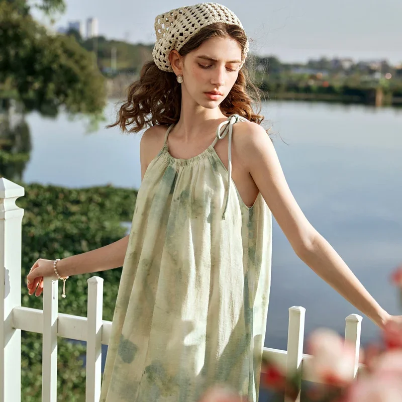 OLrain Urlaub Urlaub Lange Cami Kleider Frauen 2025, Sommer A-linie Ärmellose Chiffon Druck Elegante Sexy Kleider O24XL89918