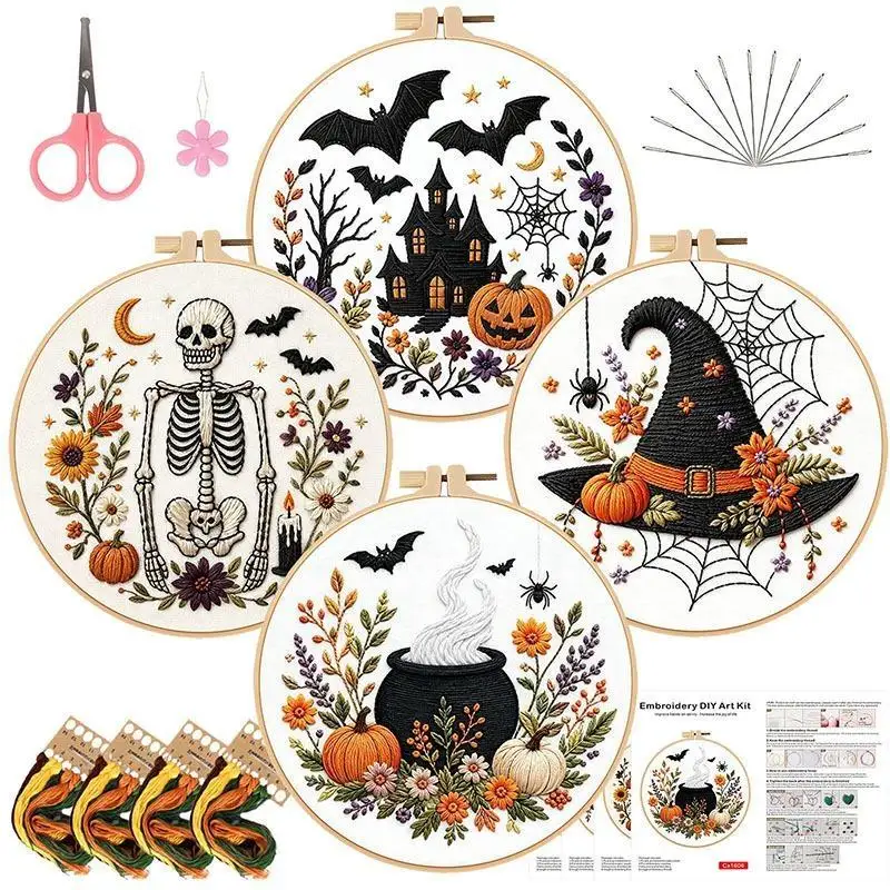 Kürbis-Skelett-Stickset mit englischer Anleitung, Faden, bedrucktem Stoff mit Muster, Set für DIY-Geschenk – Detail 1