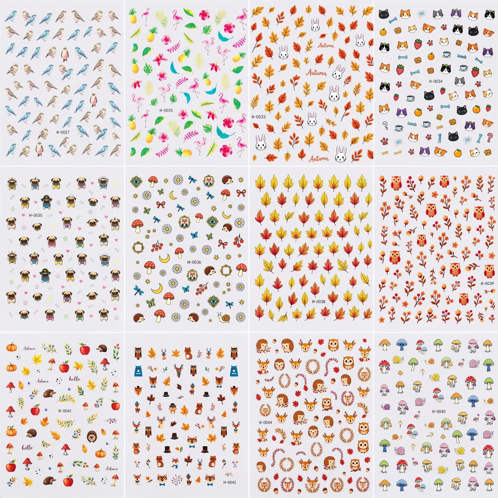 12pcs Autumn Forest Nail Stickers 3D Cartoon Maple Leaves Squirrel Rabbit Bird Floral Adhesive Nail Decals Fall Manicure Sliders
