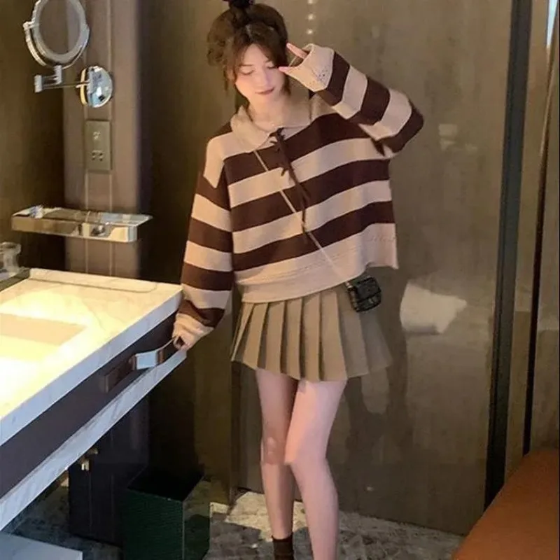 Women Autumn Korean Striped Fashion Appear thin Turn-down Collar Long sleeve Knitwear Ladies trend All-match sweet knitting tops