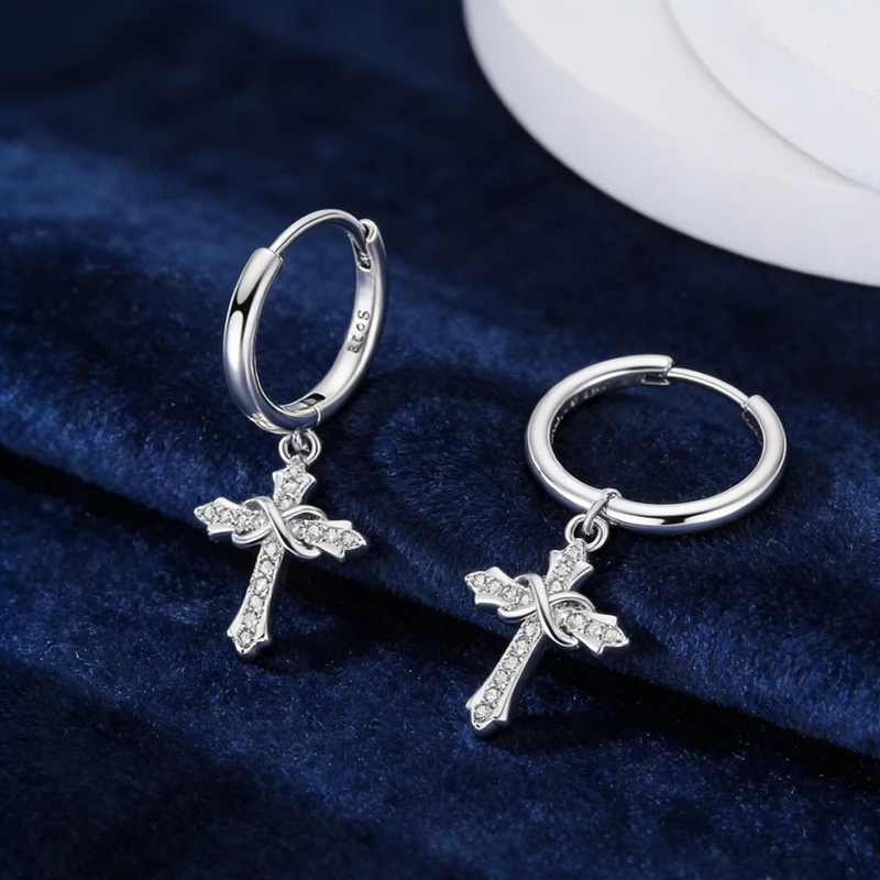 925 Sterling Silver Pendant Earring Plain Color Religious Faith Cross Symmetrical Drop Earring Woman Jewelry