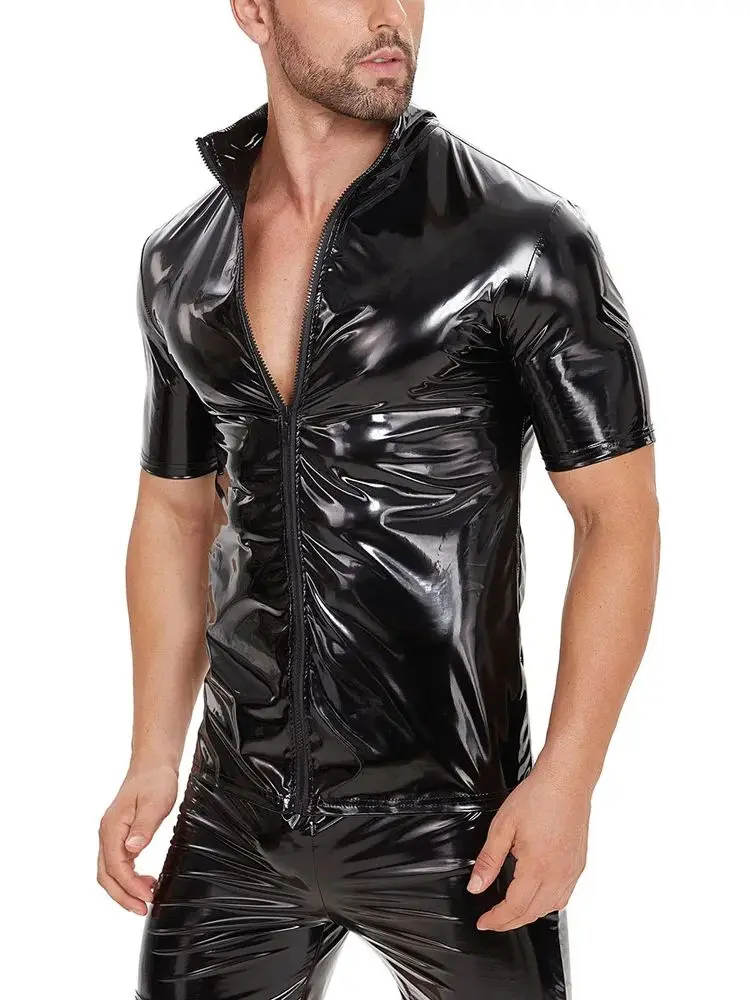 New Shiny Faux PU Leather Jackets Short Sleeve T Shirt Wet Look PVC Tshirt Tights Sexy Bodybuilding Hot Shapers Muscle Tops