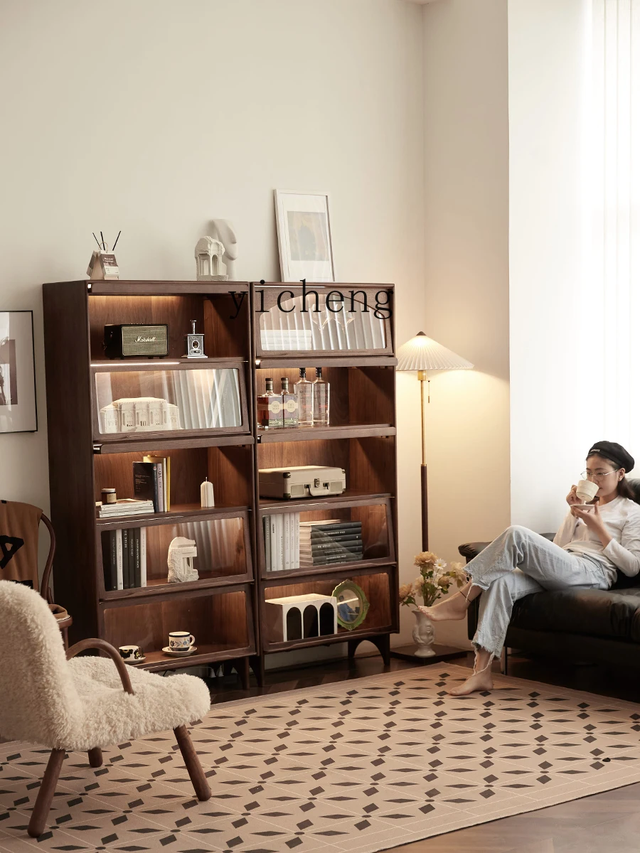 Zk Black Walnut Solid Wood Bookcase Living Room Dust-Proof Glass Hand-Made Display Storage Cabinet