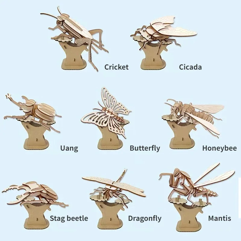 DIY Wooden Insect Puzzle Cute Children Puzzle Bee Dragonfly Butterfly Mantis 3D Wooden Kindergarten Toy  Woodcraft Assembly Kit