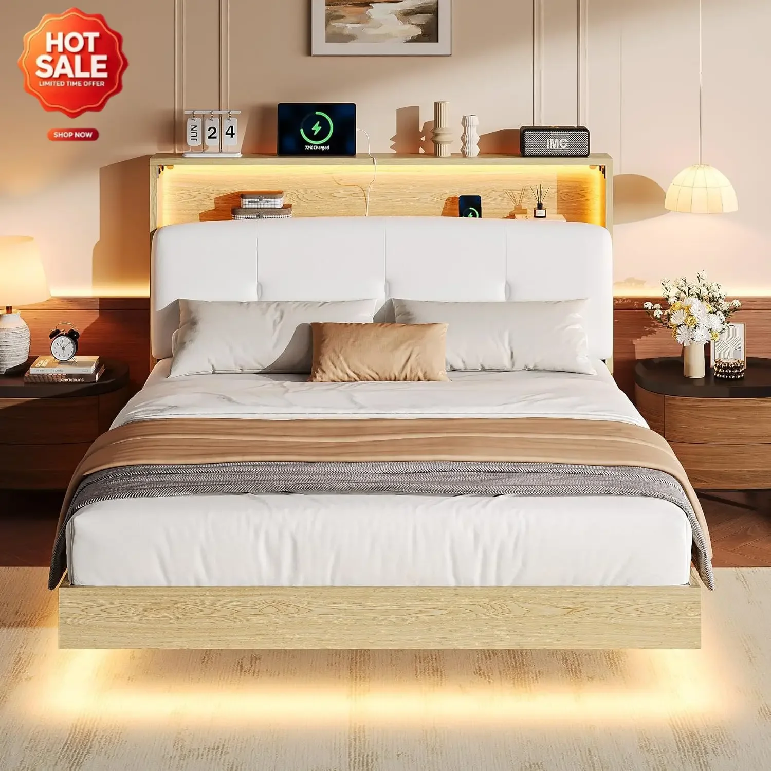 Floating Bed Frame Full with 2-Tier Storage Velvet Fabric Upholstered Headboard, Wooden Platform Bed Frame w/Charging Station &