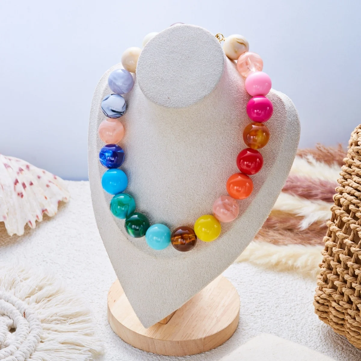 Bunter Acryl-Rundperlen-Schal mit Aufdruck, Seestern-Halskette für Frauen, Doppelschichtiger Edelstahl-Stern-Choker-Schmuck – Detail 27