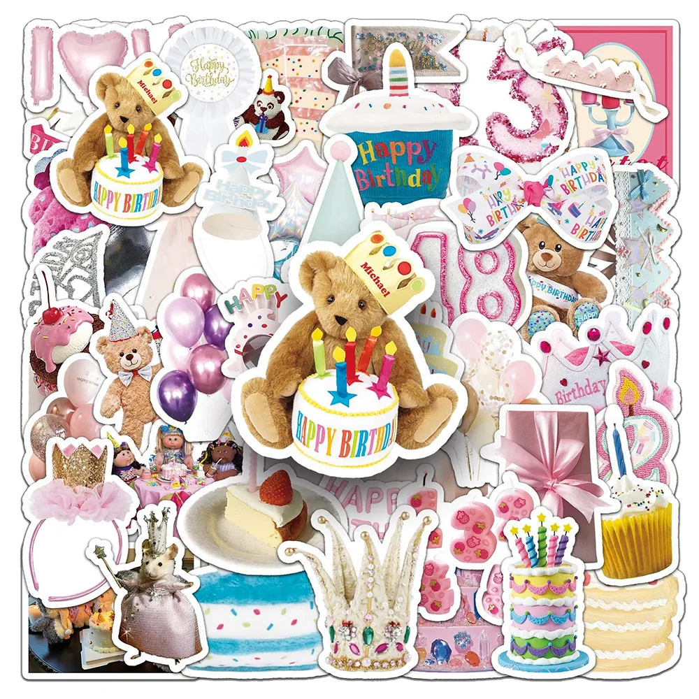 

10/30/50pcs INS Cartoon Happy Birthday Cake Stickers Cute Kid Gift Decal Stationery Phone Car Suitcase Aesthetic DIY Sticker Toy