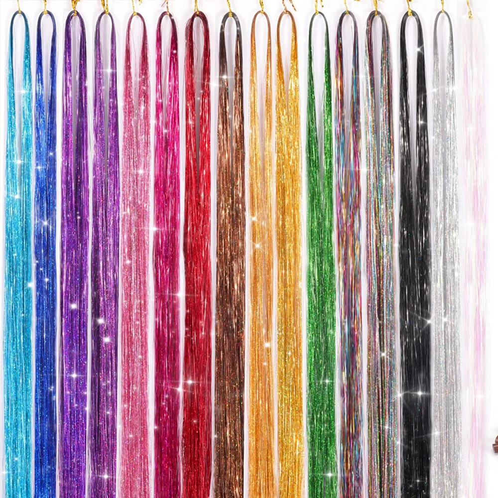 47inch Shiny Synthetic Hair Tinsel Kit Rainbow Women Colorful Glitter Bling Hair Extension Twinkle Hair Dazzles Accessories for