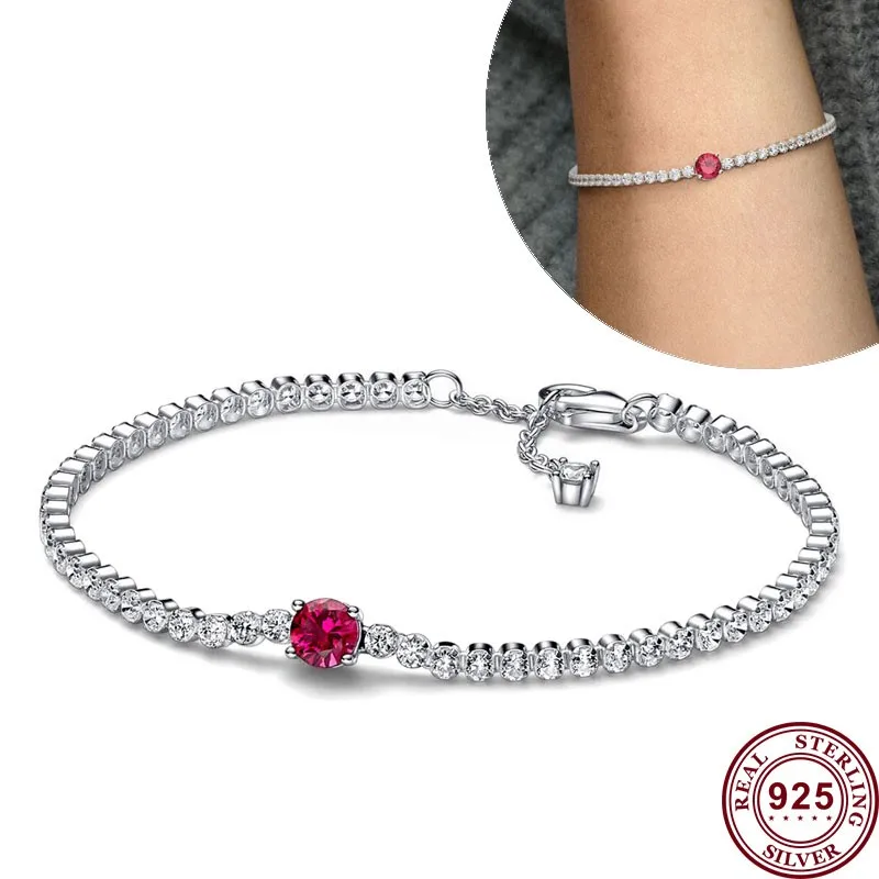 New Hot 925 Silver Sparkling And Red Tennis Original Women's Love Heart Logo Flower Bracelet Wedding DIY Fashion Charm Jewelry