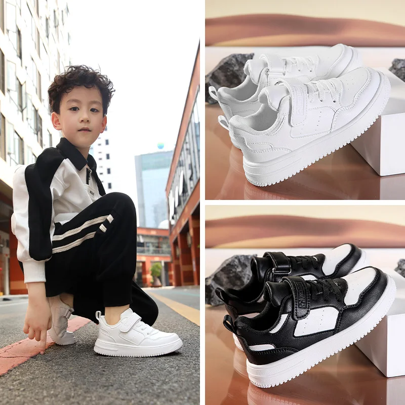 Kinder Sneaker Jungen Freizeitschuhe Schwarz Leder Flache Studenten Wanderschuhe Rutschfeste Mädchen Leichte Sport Tennisschuhe – Detail 2