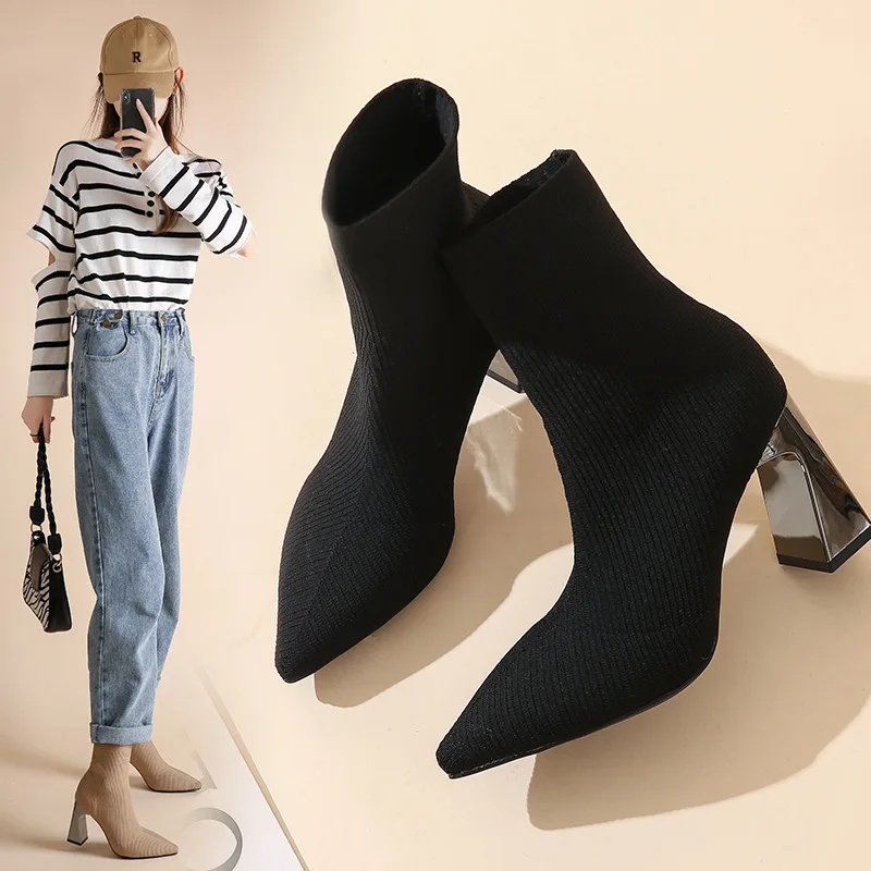 Knitted Boots Women\'s Autumn Shoes Thick High Heel Casual Sock Ankle Boots Solid Pointed Toe Large Size 34-41 Botines De Mujer