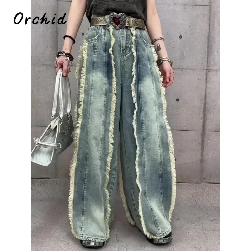 American Y2K Wide Leg Grunge Vintage High Waisted Jeans Women's Casual 2000s Pants Baggy Tassels Street Washed Denim Trouser