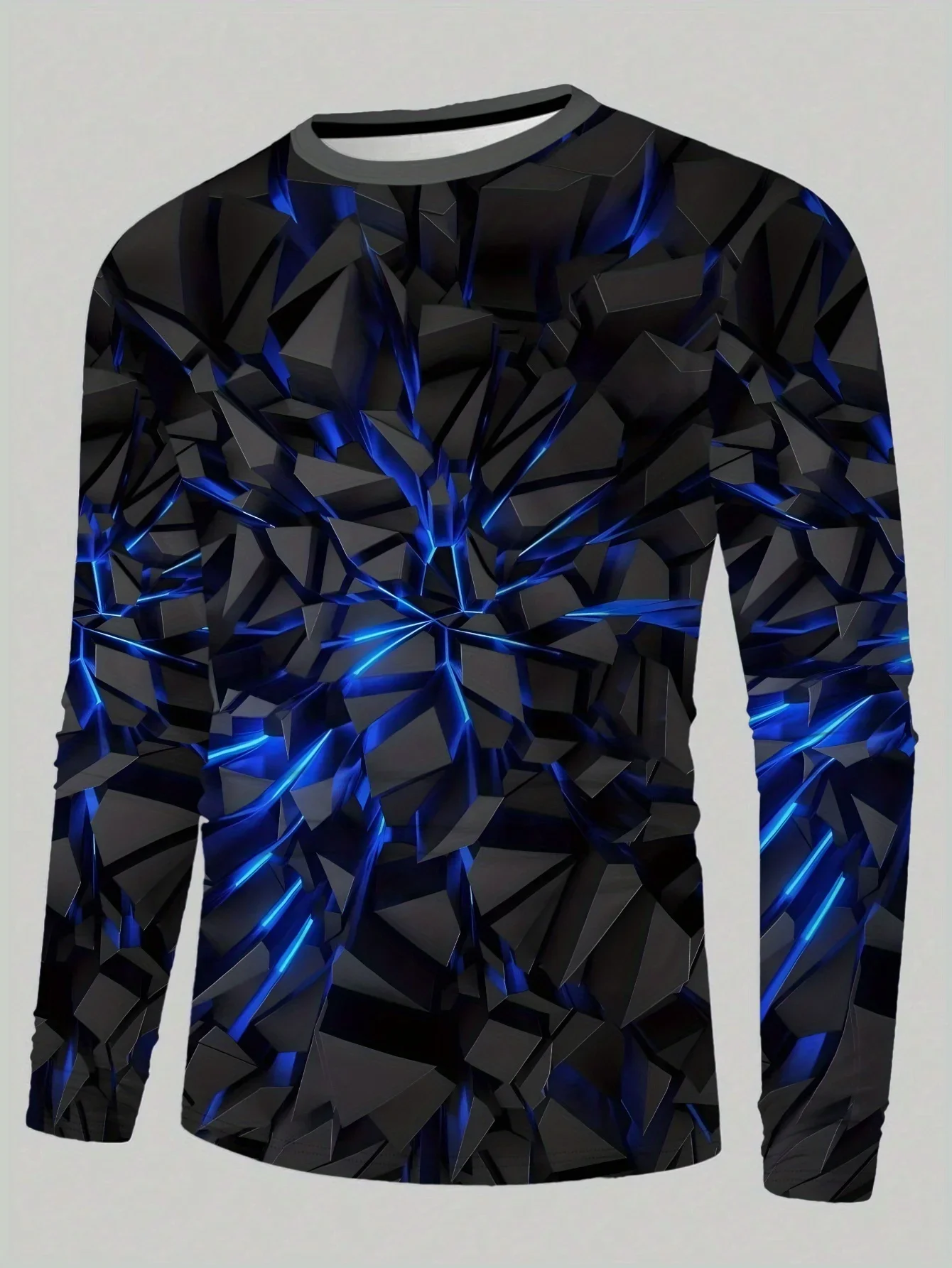 Men's Long Sleeve T-Shirt 3D Blue Geometric Crack Print Crew Neck Tops Fashion StreetwearCasualPulloverMenDailyWearLongSleeveTee