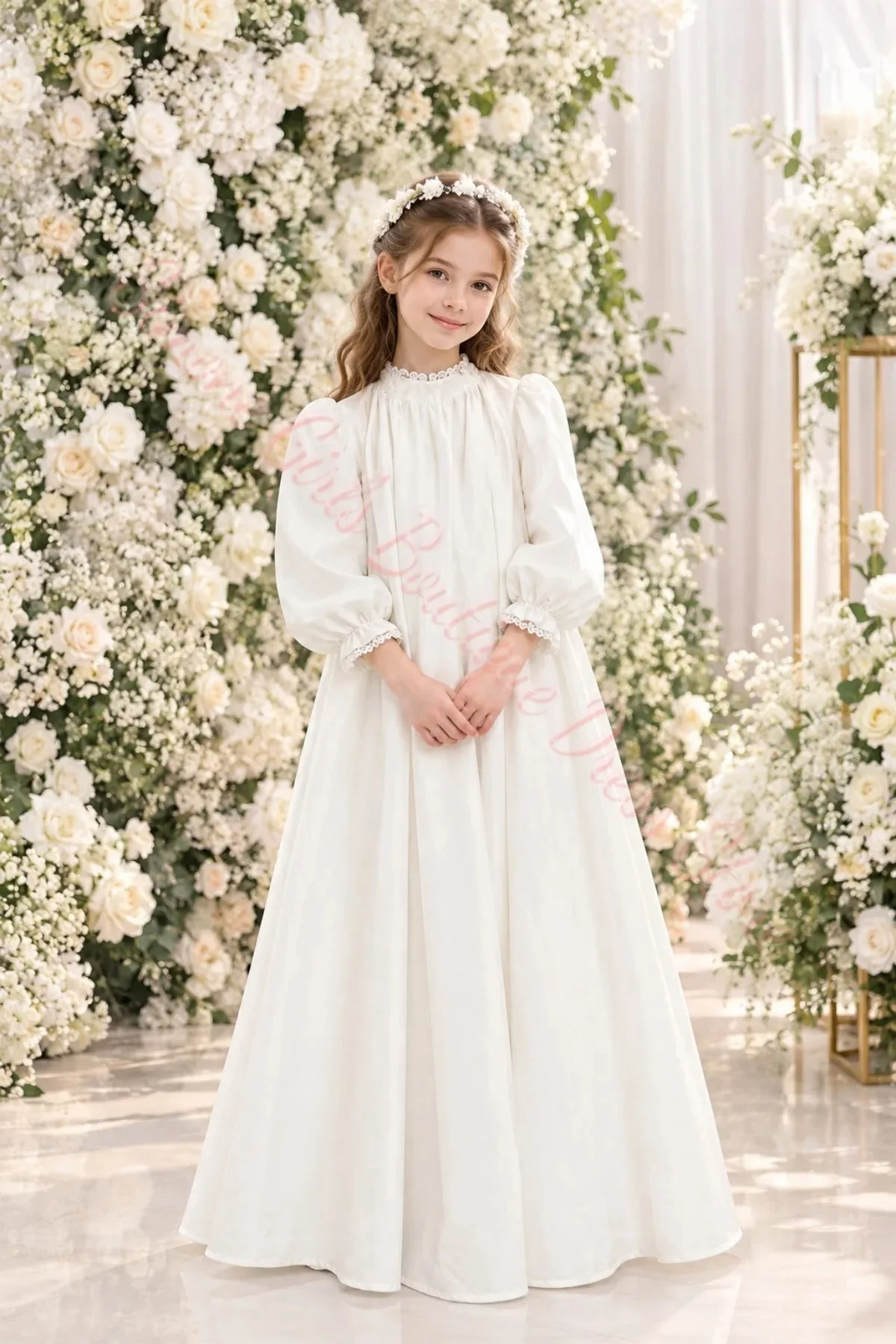 Großhandel Maßgeschneidertes Mädchenkleid mit Spitzenausschnitt, Prinzessinnen-Satin-Plissee, Hochzeits-Blumenmädchenkleid, Hohe Taille, Puffärmel, Kommunion, Geburtstag – Detail 3