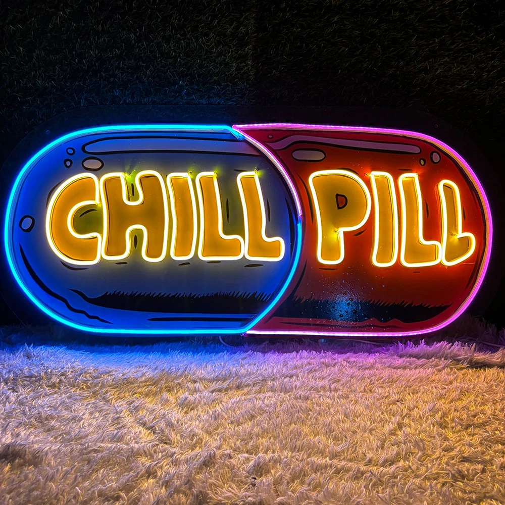 Chill Pill LED Neon Acrylique Artwork, Salon, Chambre à coucher, Décoration murale, Enseignes au néon, Bureau, Maison, Extérieur, Face btNeon Light