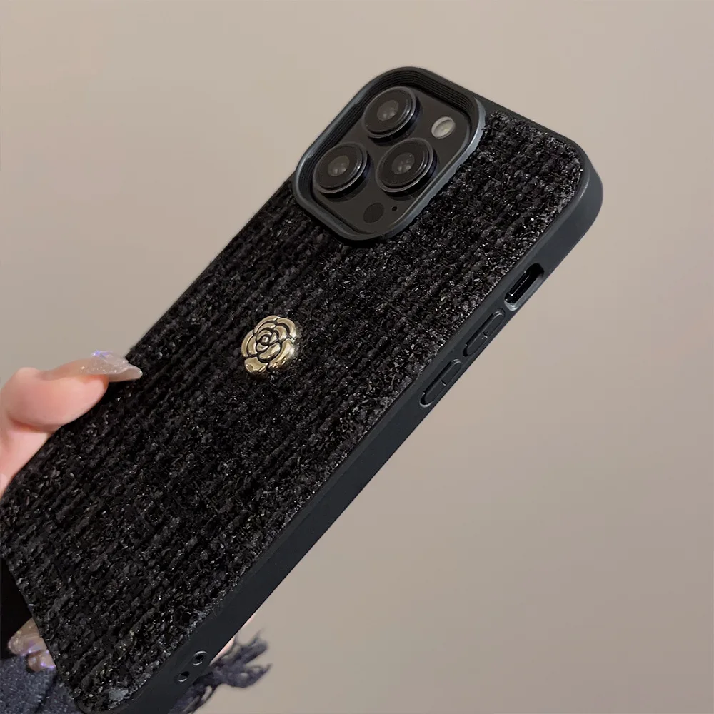 Luxury 3D Golden Camellia Flowers Phone Case For iPhone 17 Air 16 15 14 13 12 11 Pro Max Woolen Tweed Fabric Shockproof Cover - view 4